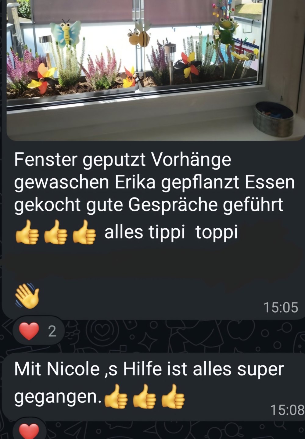 WhatsApp-Nachricht mit Foto eines frisch bepflanzten Blumenkastens: Fenster geputzt, Vorhänge gewaschen, Erika gepflanzt, Essen gekocht, gute Gespräche geführt – alles tippi toppi. Mit Nicoles Hilfe ist alles super gegangen.